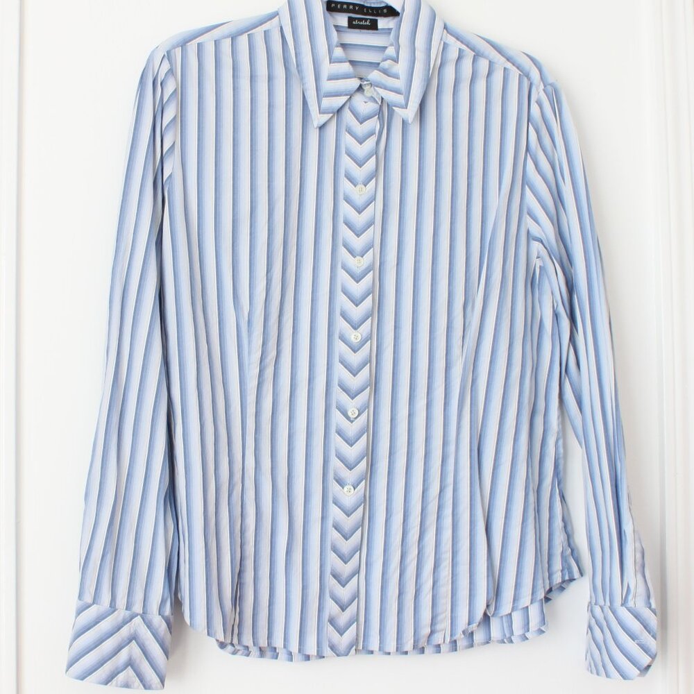 Perry Ellis Stretch Blue & White Stripe Button Up Ladies Size 14